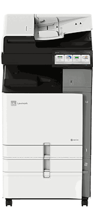 Lexmark CX950 with cabinet with selected tray and finishing configuration